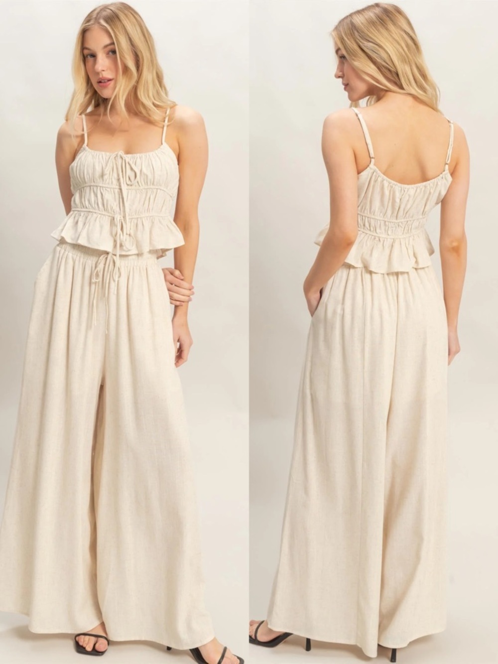 NEW HYFVE Oatmeal Tiered Tank Palazzo Pants Set Drawstring Linen Blend Large